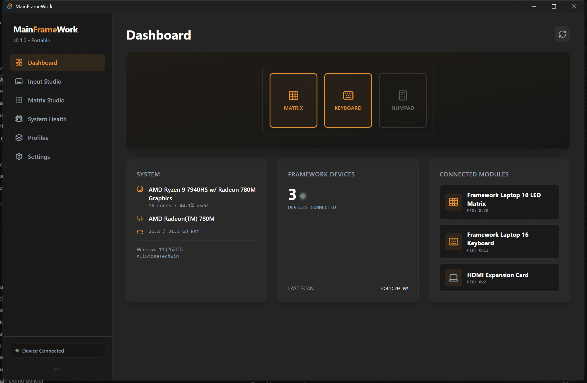 MainFrameWork dashboard showing live CPU/RAM telemetry and connected Framework hardware modules